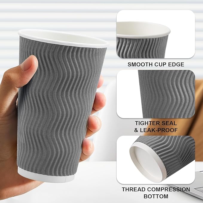 500 Pack 16 oz Disposable Coffee Cups No Lids, Insulated Ripple Wall Paper Coffee Cups 16oz for Hot Chocolate Tea Home Travel Office (Grey)