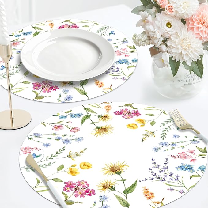 50 PCS Disposable Floral Paper Placemats - Watercolor Wildflower Round Placemat Spring Summer Table Mats for Home Kitchen Dinner Table Dining Party Decoration
