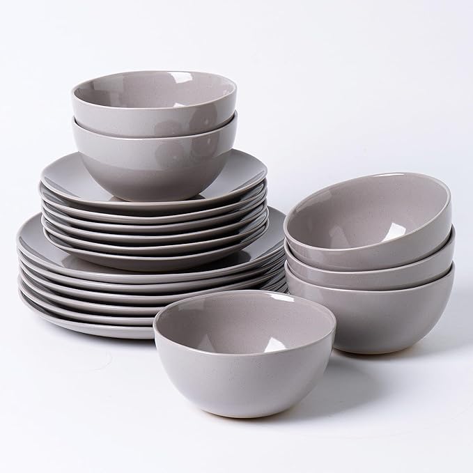 Dinnerware Sets for 6, 18 Pieces Stoneware Plates and Bowls Sets, Dishwasher&Microwave Safe,Modern Minimalist Tableware for Everyday Use, Grey