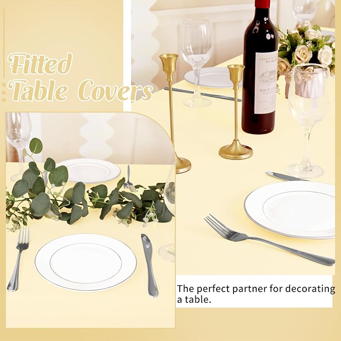 HAISIWLKJ 3 Pack Table Cloth 8ft Beige Tablecloths for Rectangle Folding Table Spandex Fitted Stretch Table Cover Wrinkle Resistant Washable Table Protector for Party, Wedding, Banquet, Festival.