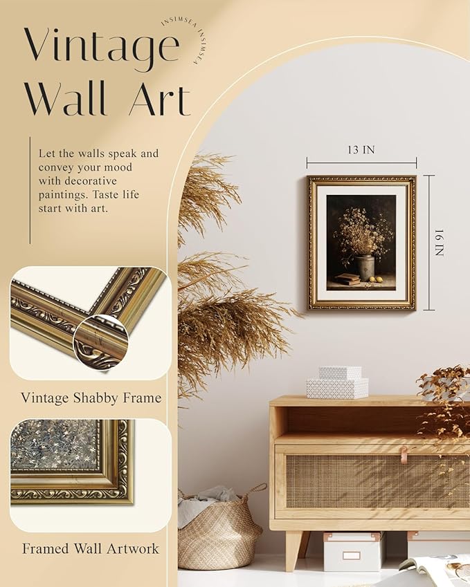 InSimSea Gold Picture Framed Wall Art, Living Room Vintage Dried Flowers Vase Wall Decor, Dark Moody Still Life Canvas Print Art, Home Farmhouse Decor, Antique Paintings with Frame 13x16inch