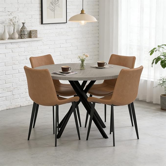 44" Round Dining Table with Chair Set for 4, Modern Mid-Century Dining Table Set of 4, Cozy Dinette Sets with Metal Leg for Kitchen Dining Room Apartment(Gray Table + Brown Chairs)