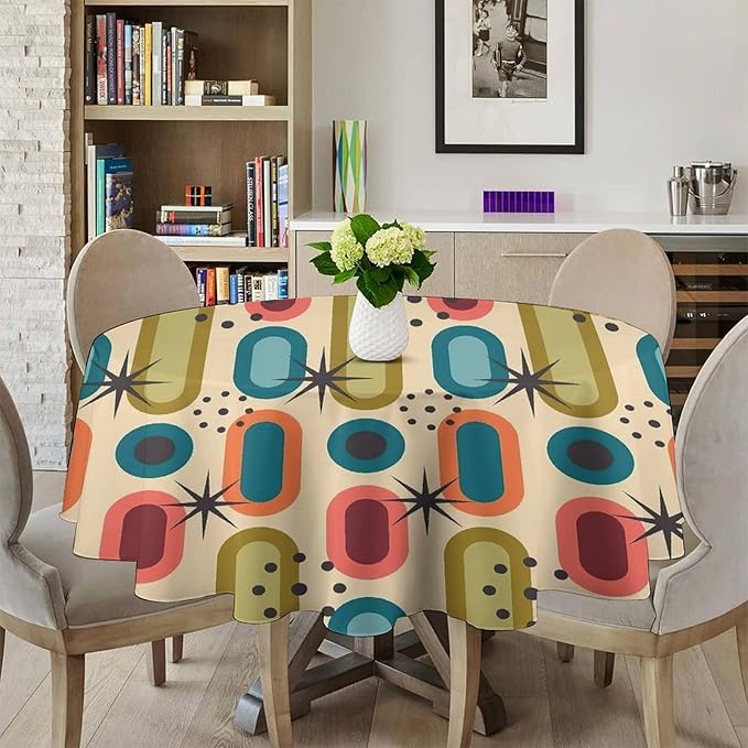Mid Century Bohemian Round Tablecloth, Modern Medieval Geometric Abstract Print Tablecloth for Home Party Dining Room Kitchen Decor 70Inch(178cm)