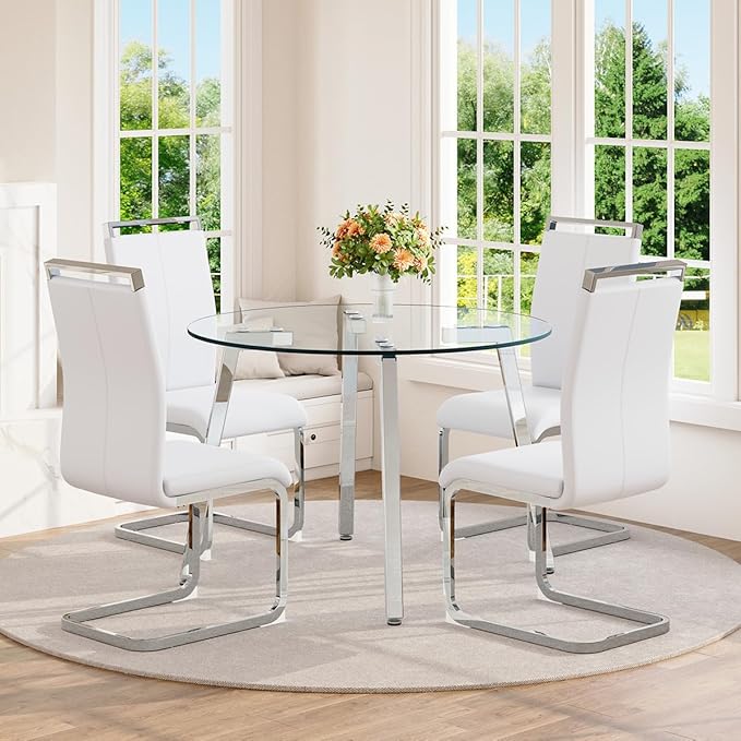 42" Round Glass Dining Table Set for 4,Modern Breakfast Table Set for 4 with Silver Chrome Legs,Space Saving Kitchen Table and White Chairs for Apartment,Easy Assembly