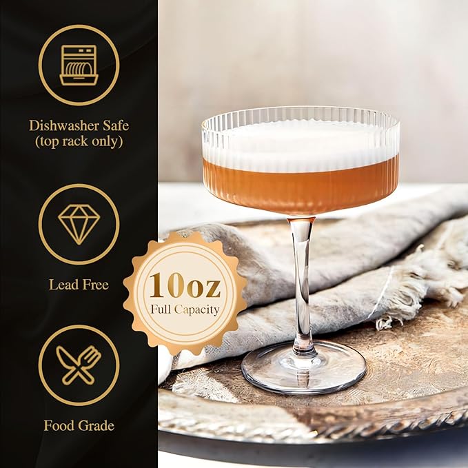 Ribbed Coupe glasses set of 6-10oz Champagne Coupe Glasses Vintage Coupe Cocktail Glasses