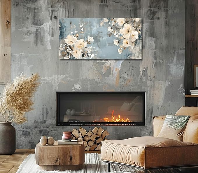 ADJUVANT Wall Art Vintage Floral 48" L x 24" W, Creamy Flowers On Distressed Blue Background Canvas Painting Blossoms Artwork Prints Floral Wall Decor for Living Room Bedroom Dining Room Home Office