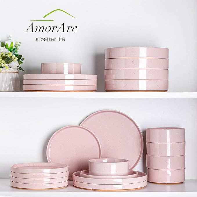 AmorArc 9.0" Large Ceramic Pasta Bowls, 32oz Handmade Speckled Stoneware Pasta Bowls Set of 4, Microwave & Dishwasher Safe Bowls With Terracotta Underside for Fruit Pasta Salad-Pink