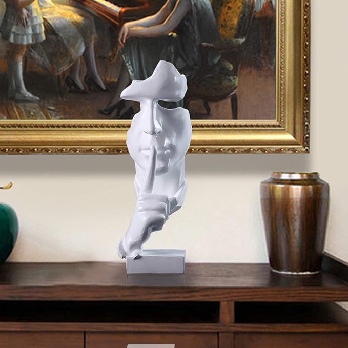 aboxoo Silence is Gold Thinker Statue, Modern and Simple Resin Things, Creative Abstract Figurine Sculptures for Entrance, Creative Room Home, Office Study, Piano Decor (White)