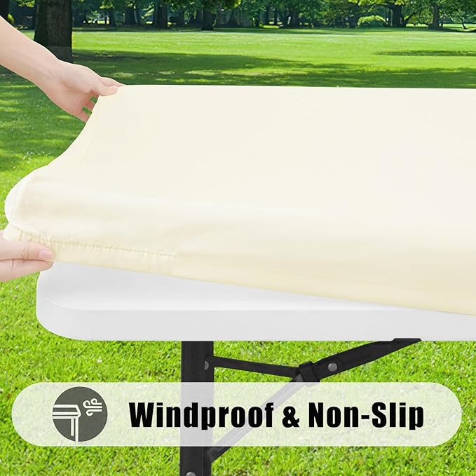 Smiry Rectangle Picnic Table Cloth, Waterproof Elastic Fitted Tablecloths for 8 Foot Tables, Washable Polyester Table Cover for Camping, Indoor and Outdoor (Beige, 30"x96")
