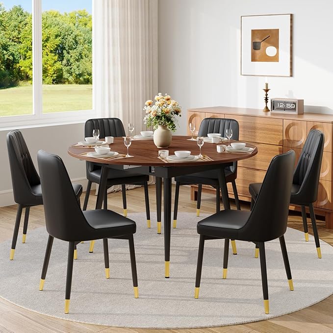 53” Round Dining Table Set for 6｜7 Piece Wood Dining Table Set｜Extendable Dining Room Table with 6 Chairs｜Walnut Wooden Tabletop with Metal Legs｜Easy Assembly｜Space Saving｜for Kitchen, Living Room