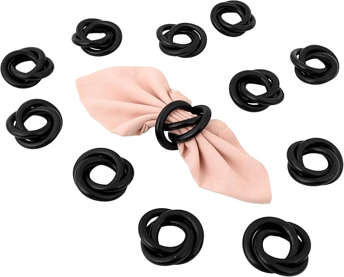 Alpha Living HOM Three Ring Wooden Napkin Rings Set of 12 - Napkin Holder Cuffs for Dinner Table Décor - Rustic Modern Serviette Rings for Weddings, Parties, Receptions, Banquets (Black)