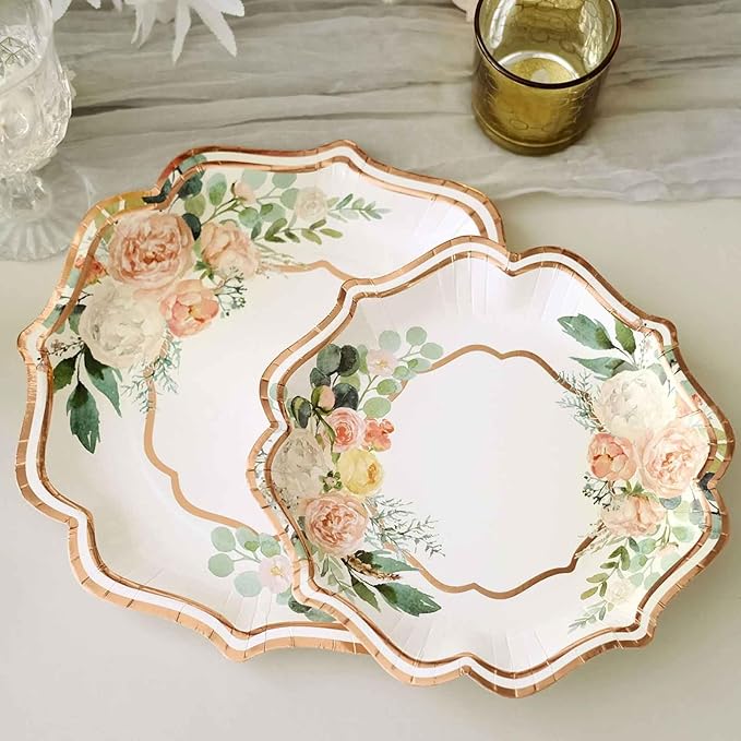 50 Pack 8" White/Rose Gold Floral Print Scallop Rim Dessert Plates, Disposable Round Paper Appetizer Salad Plates 300 GSM for Party Decoration