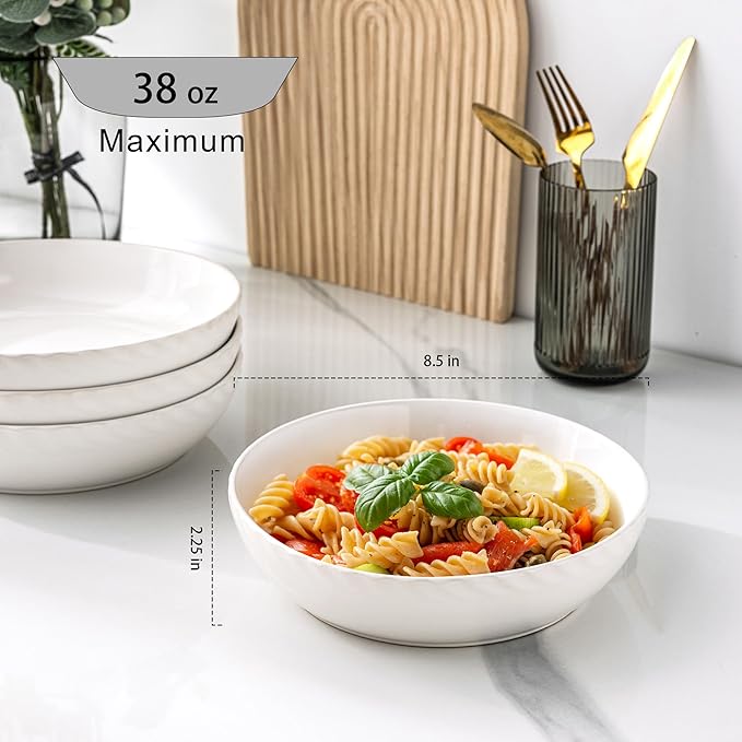 GBhome 8.5'' Large Pasta Bowls, 38 Ounce Stoneware Salad Bowls for Kitchen, Ceramic Serving Bowls With Textured Pattern for Pasta,Fruit, Stews,Noodle, House-warming Gift,Set of 4