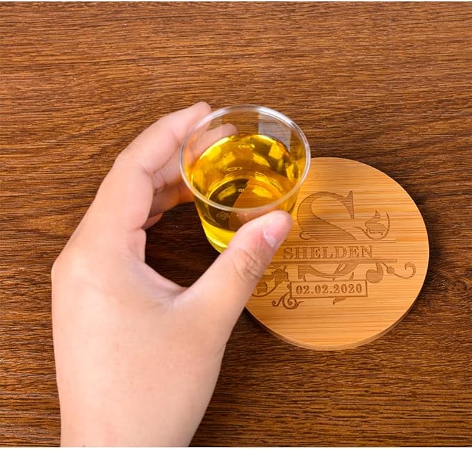 Personalized Bamboo Coasters, Custom Engraved Monogram Coasters with Holder, Great Gifts for Relatives, Friends or Yourself (Set of 4)