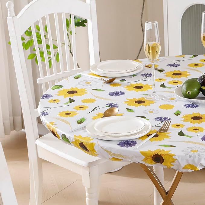 Walrus Round Vinyl Fitted Tablecloth with Flannel Backing Elastic Edge Design Table Cover Waterproof Oil-Proof PVC Table Cloth Stain-Resistant Best for 37"-44" Round