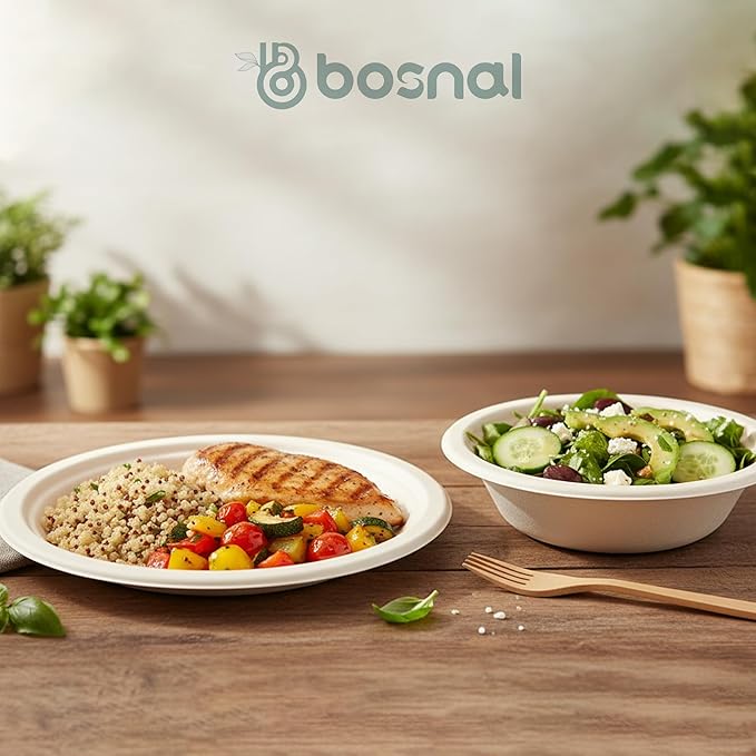 BOSNAL 10 Inch Round Plates with 16 oz Bowls – 25 Plates, 25 Bowls,100% Plant-Based Sugarcane Bagasse, Eco-Friendly Disposable Dinnerware for Hot & Cold Meals, Microwave Safe