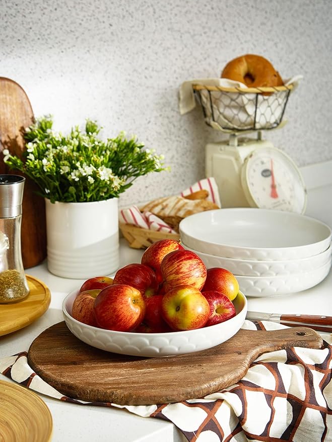 DOWAN Pasta Bowls Set of 4 for Large Portions, 54 oz Textured Motif Large Salad Serving Bowls, Ceramic Plates, White Soup Bowl for Kitchen Meal Prep, Shallow Dishes Dinner Bowl Microwave Dinnerware