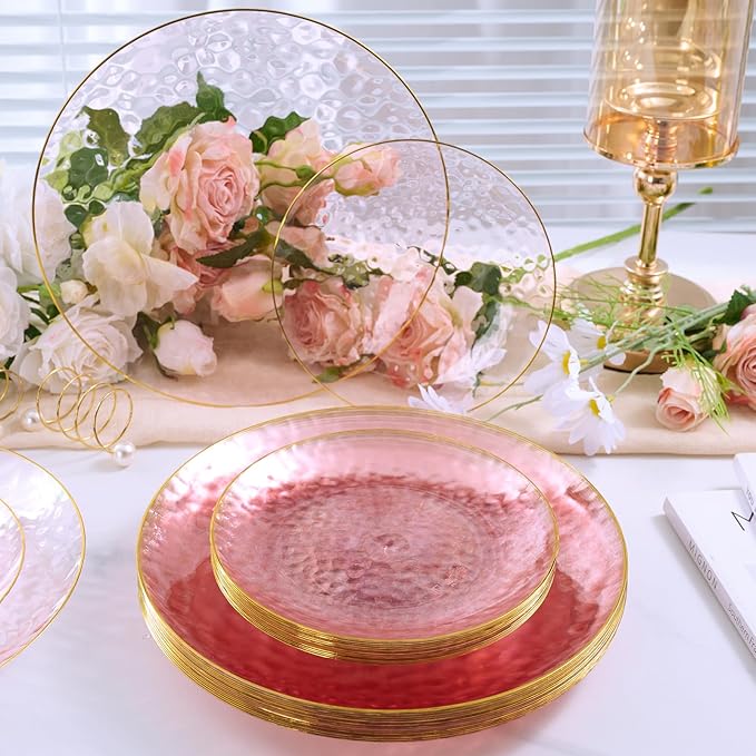 FOCUSLINE 60Pcs Clear Plastic Plates, Pink Disposable Plates with Gold Rim, 30 7" Salad Dessert Plate and 30 10" Dinner Plate Heavy-duty Hammered Plates for Party, Wedding
