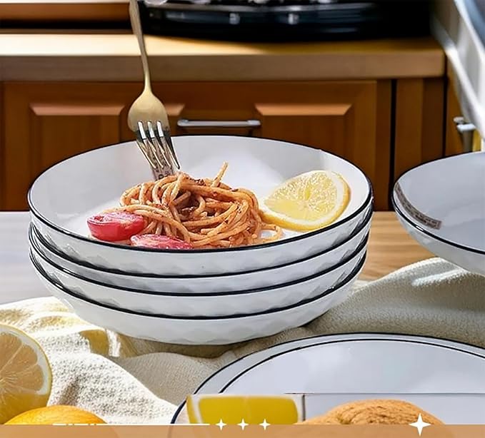 Ceramics Pasta Bowls, 6 Pack 8 inches 20 Oz Large Salad Serving Bowls, Shallow Salad Bowls,ceramics Deep Plates,Microwave Dishwasher Safe,White (rhombus)