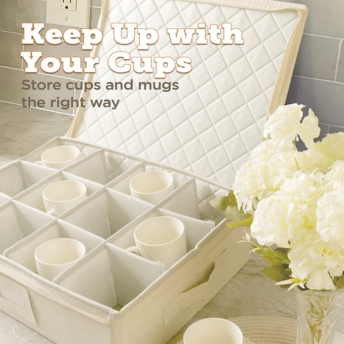 storageLAB Cup and Mug Storage Containers, Hard Shell Storage Case with Felt Dividers for Cups, Mugs, Dishes, and Glasses, Ideal for Kitchen Organizing and Moving Supplies - 1 Pack, Cream