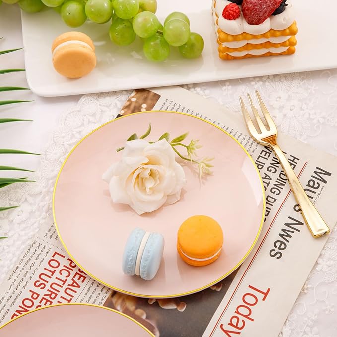 Festiva 200Pcs Pink Gold Cake Plates 6.3" with Forks 5"- Disposable Salad Plates-Pink Dessert Plates-Appetizer Plastic Plates - include 100Plates 100Forks for Party&Wedding&Easter&Valentine's Day