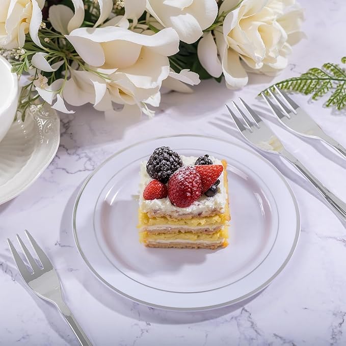 WELLIFE 240PCS Silver Plastic Dessert Plates - Includes 120PCS Silver Forks, 120PCS 6.3 Inch Salad & Appetizer Plates - Perfect for Wedding & Party