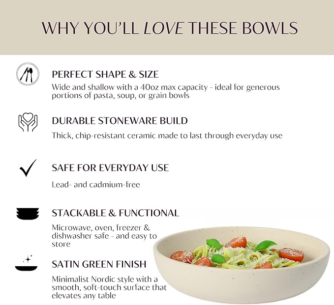 Ceramic Pasta Bowls Set of 4 – 40oz Extra Large Dinner Bowls, Deep Plates Salad Bowl for Eating, Pasta Plates, Stoneware Shallow Bowl Plate Set, Dishwasher & Microwave Safe - Beige