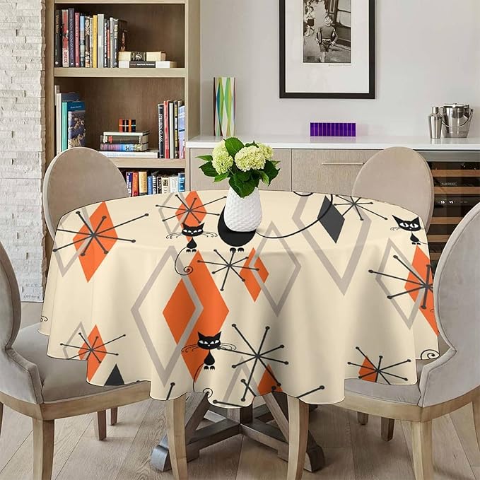 Retro Boho Modern Black Cat Round Tablecloth, Mid Century Boho Moon Abstract Geometric Leaf 50s 60s Style Tablecloth for Home Party Dining Room Kitchen Decor 70Inch(178cm)