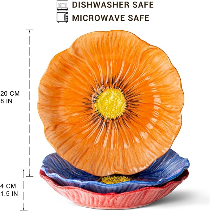 8-Inch Ceramic Dinner Plates, Set of 3 for Salad Dessert Appetizer Pasta | Decorative Plates for Home Decor, Jewelry Trays, Floral Design in Blue Pink Orange