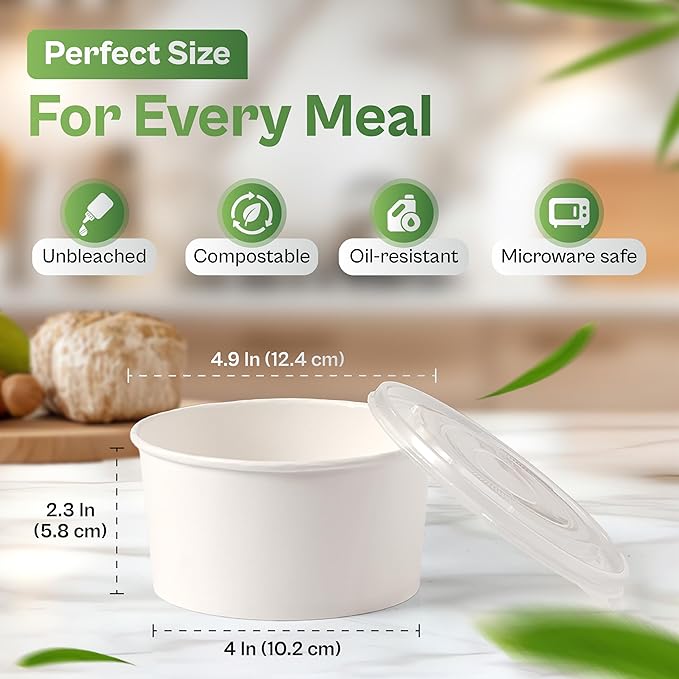 50-Pack 17 oz Paper Bowls With Lids – Disposable Salad & Rice Bowls To-Go, Leak-Proof, Microwavable & Freezer-Safe, Thick Dual-Wall Paper, SGS Tested to U.S. FDA 21 CFR PASS