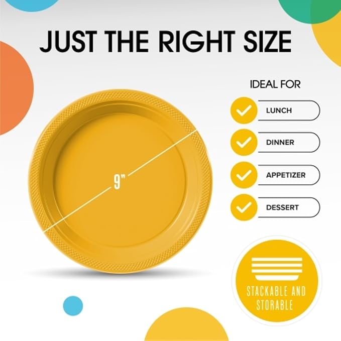Yellow Plastic Plates For Party 9" Yellow Disposable Plates Heavy Duty 100 Pcs Plastic Dinnerware Sets Heavy Duty 350 GSM Disposable Dinnerware Set
