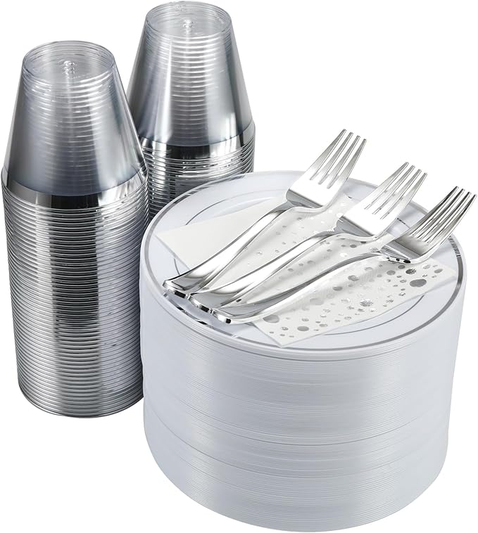 Stylish Disposable Party Set - 100 Cups, Forks, Napkins, 7.5 Inch Dessert Plates, Cake Plates, Appetizer Plates