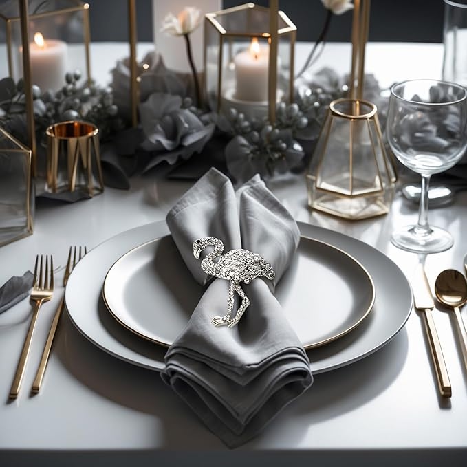 Decozen Set of 12 Silver Napkin Rings in Flamingo Design Festive Table Decor Setting for Holiday Wedding, Birthday, Kitchen, Home Decor Housewarming Gift - Mothers Day Decorations