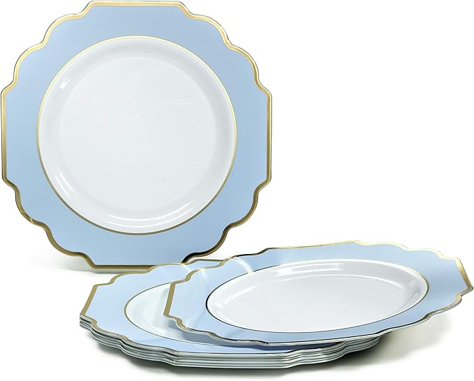 " OCCASIONS " 80 Plates Pack,(40 Guests) Heavyweight Wedding Party Disposable Plastic Plates Set -40 x 10.5'' Dinner + 40 x 8'' Salad/Dessert Plate (Imperial in White/Blue & Gold)