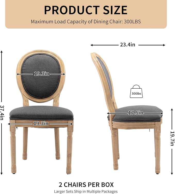 Vintage French Dining Chairs Set of 8, Round Back Accent Chairs with Linen Seat and Solid Wood Frame, Farmhouse Sillas de Comedor Upholstered for Dining Room & Kitchen, Gray