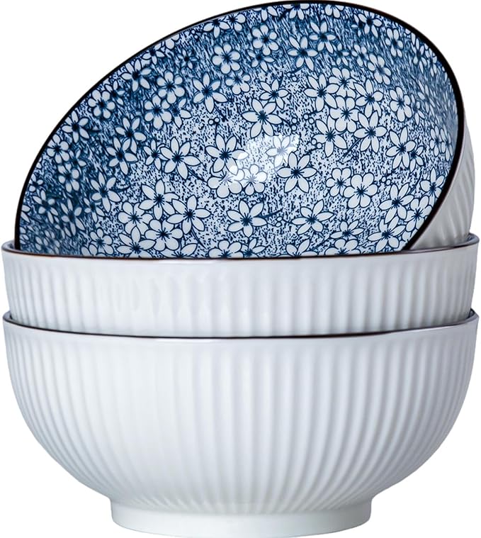 60 oz Large Soup Bowls, Pho Bowls, 8 Inch Blue and White Ceramic Japanese Ramen Bowls Set of 3 - Floral Pattern