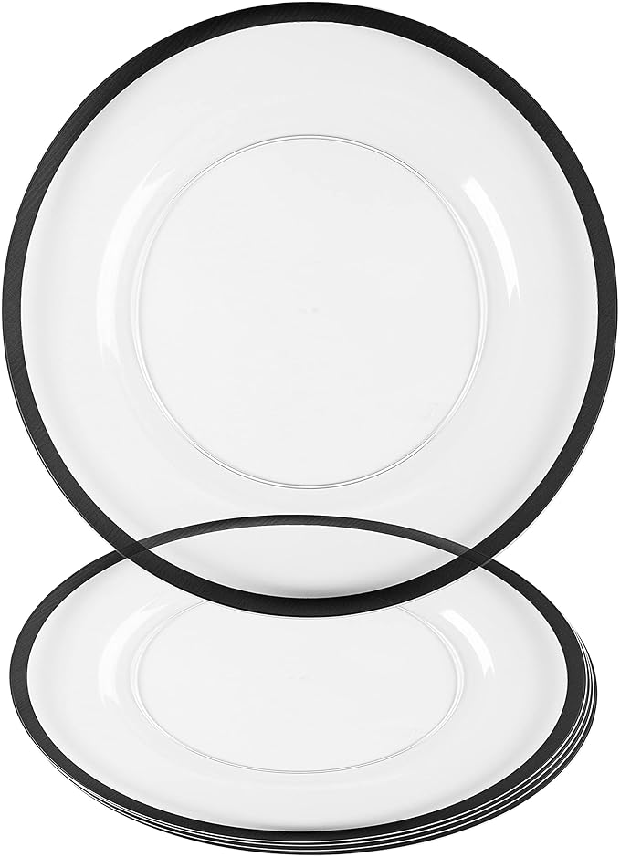 PARTY BARGAINS 13-Inch Charger Plates - 4 Pack, Clear Black Rim, Heavy-Duty Disposable Chargers for Elegant Dining - Ideal for Weddings and Formal Events
