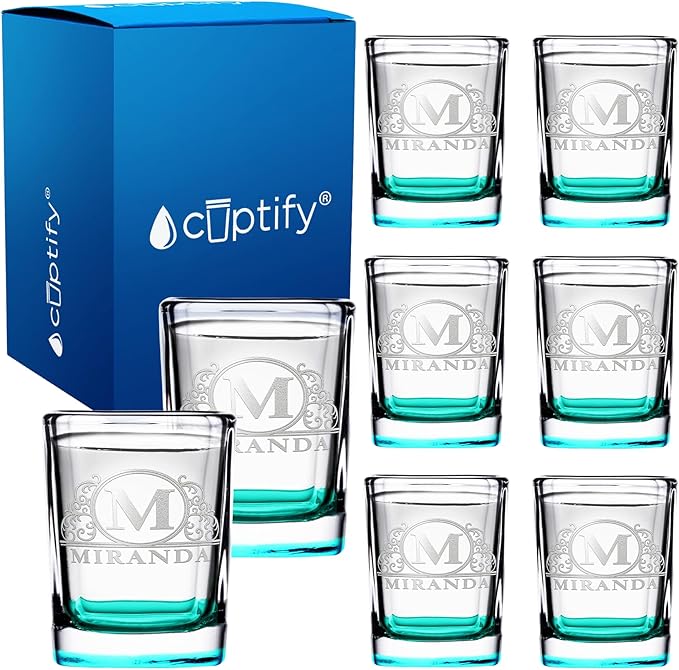 Personalized Square Shot Glasses Set of 8 Teal Bottom 2oz Engraved Initial and Name Custom Gifts, Weddings, Birthdays, Party, Event, Decorations
