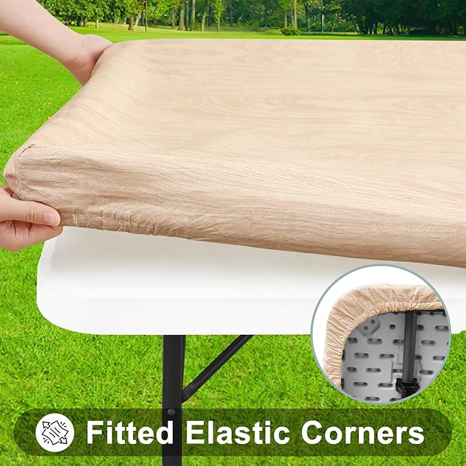 Smiry Rectangle Table Cloth Cover, Waterproof Elastic Fitted Picnic Tablecloth for 6 Foot Tables, Wipeable Flannel Backed Vinyl Tablecloths for Camping, Dining, Outdoor (Beige Wood, 30" x 72")