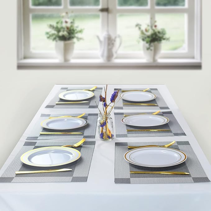 Placemats,Table Place Mats for Kitchen Dining, Heat-Resistant Anti-Skid Stain Washable PVC Table Mats, Easy to Cleaning Woven Vinyl Dinner Mats (Dark Silver, 6 Pack)
