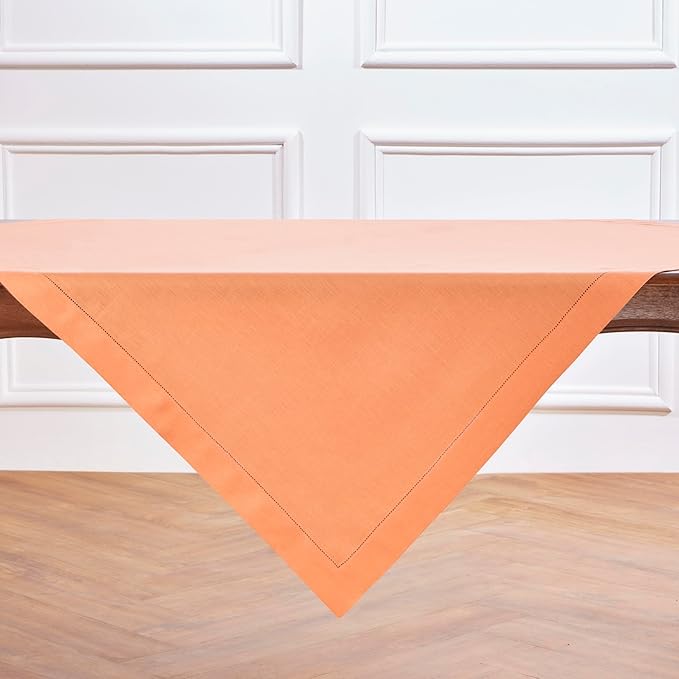 Solino Home Coral Linen Tablecloth 52 x 52 Inch - 100% Pure Linen Square Table Throw - Classic Hemstitch, Machine Washable Table Cloth for Valentines, Spring, Easter