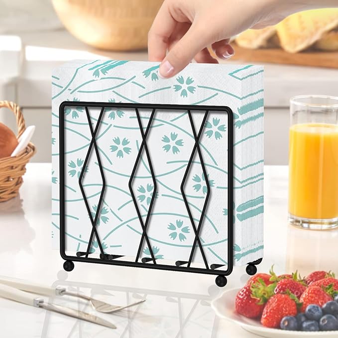 Napkin Holder for Table, Modern Metal Napkin Holders for Paper Napkins & Kitchen Dining & Countertops, Cocktail Upright Napkin Holder Dispenser Suitable for All Room Decors (Large, Black)