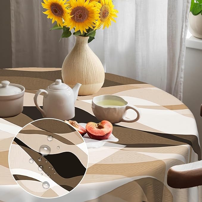 Laeacco 24 Inch Brown Modern Round Tablecloth Striped Geometric Abstract Art Print Table Cloth Washable Waterproof Wrinkle Free Table Cover for Kitchen Dining Picnic Party Decoration