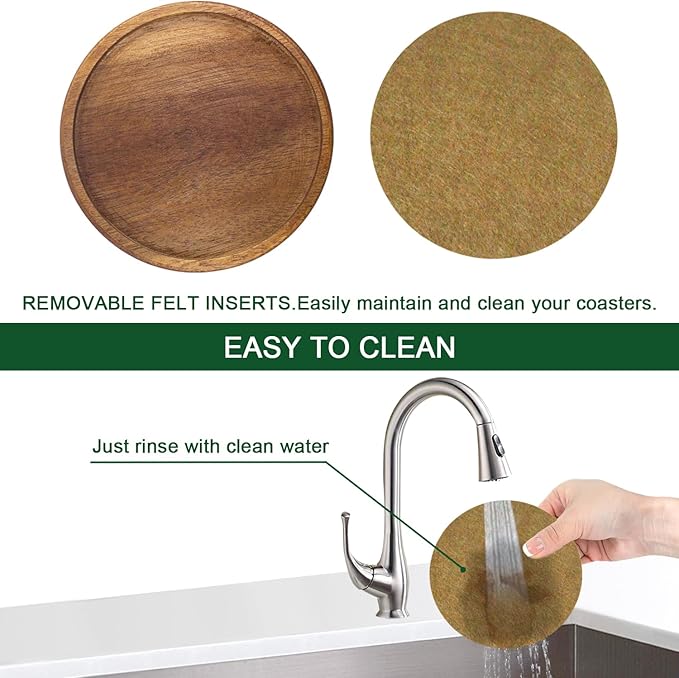 5 Pack Coasters for Drinks Absorbent, Wood Coasters with Felt Pads, Drink Coasters for Coffee Tabletop Protection, Non-Slip, Non-Stick, Suit for Kinds of Cups 4.3 inch Brown