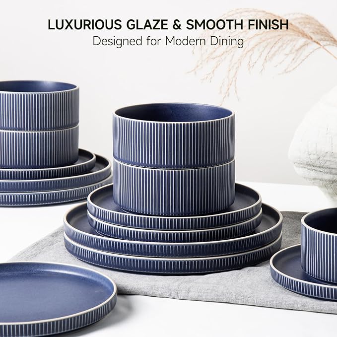 Dinnerware Set Service for 6, 18-Piece Ceramic Plates and Bowls Set, Chip & Scratch Resistant, Microwave and Dishwasher Safe, Modern Minimalist Tableware for Everyday Use, Matte Blue