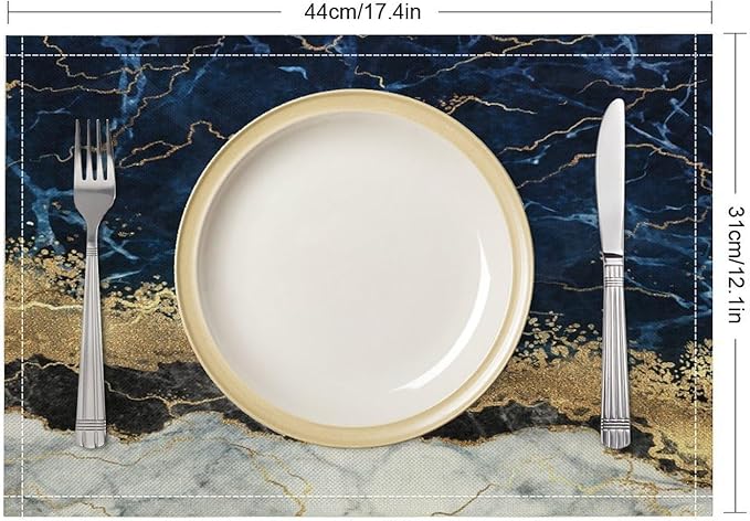 Marble Linen Placemats Set of 4, Modern Luxury Foil Cracked Texture Navy Blue Gold Marble Washable Place Mats, Non Slip Placemat for Home Party Dining Tables Wedding Kitchen Banquets Decor 12x17 Inch
