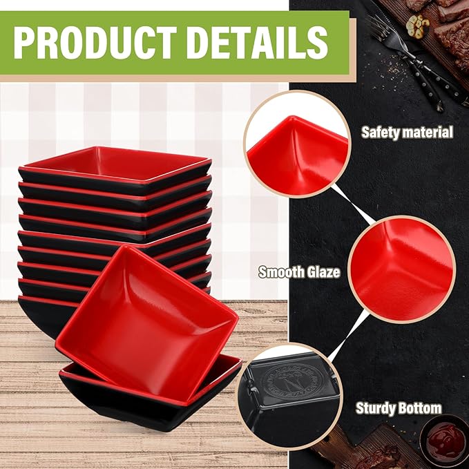 Hushee 25 Pcs Dipping Bowls Soy Sauce Dishes Dipping Sauce Cups Serving Plate Set Black Red Side Small Dish Pinch Bowls for Condiment, Soy, BBQ, Desserts(Square)