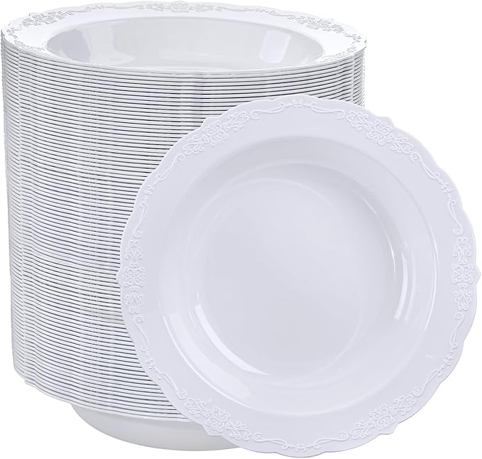 DaYammi 100 Pack White Plastic Bowls, 12oz Disposable Soup Bowls, Heavy Duty Dinner Bowl for Weddings, White Disposable Bowls for Parties, Dinners, Catering and Everyday Use