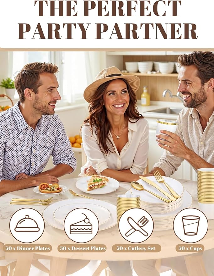 WDF 300PCS White and Gold Plates - Wedding Plastic Dinnerware Set for 50 Guests Include 50 Dinner & 50 Cake Plates, 50 Cutlery, 50 Cups for Wedding Birthday Valentine's Day