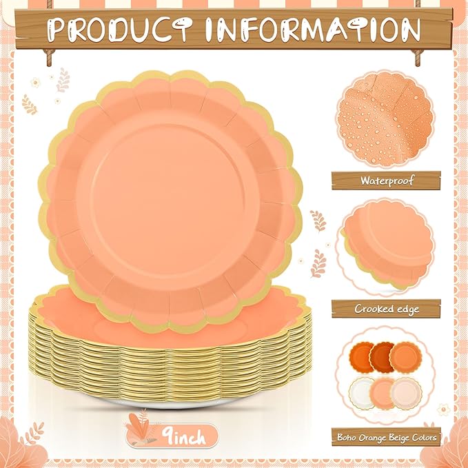 48 Pcs Beige-Orange Peach Paper Plates 9 Inch Gradient Scalloped Paper Disposable Dinner Dessert Plates for Birthday Wedding Bridal Party Supplies, 6 Colors